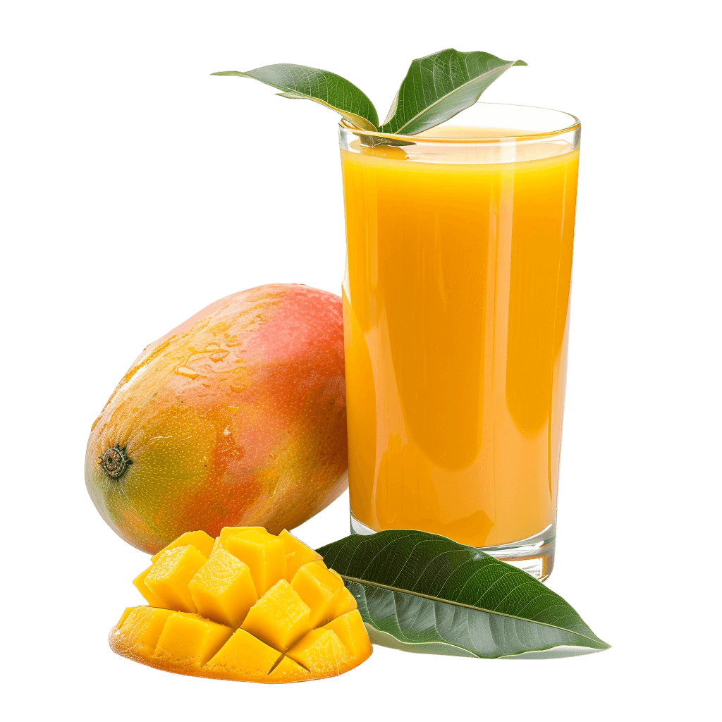 mango juice with mango pieces and leaves, free png download - Rose png